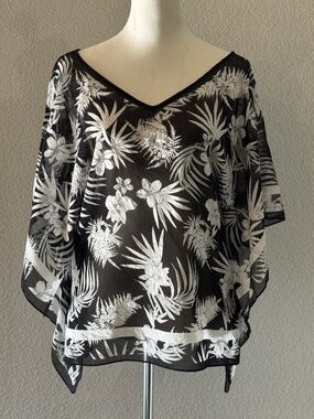 Talbots Womens Medium Black White Botanical Print Sheer Poncho Blouse NWT